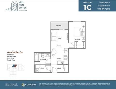 Floor plan for 1 bed, 1 bath, 667 sqft